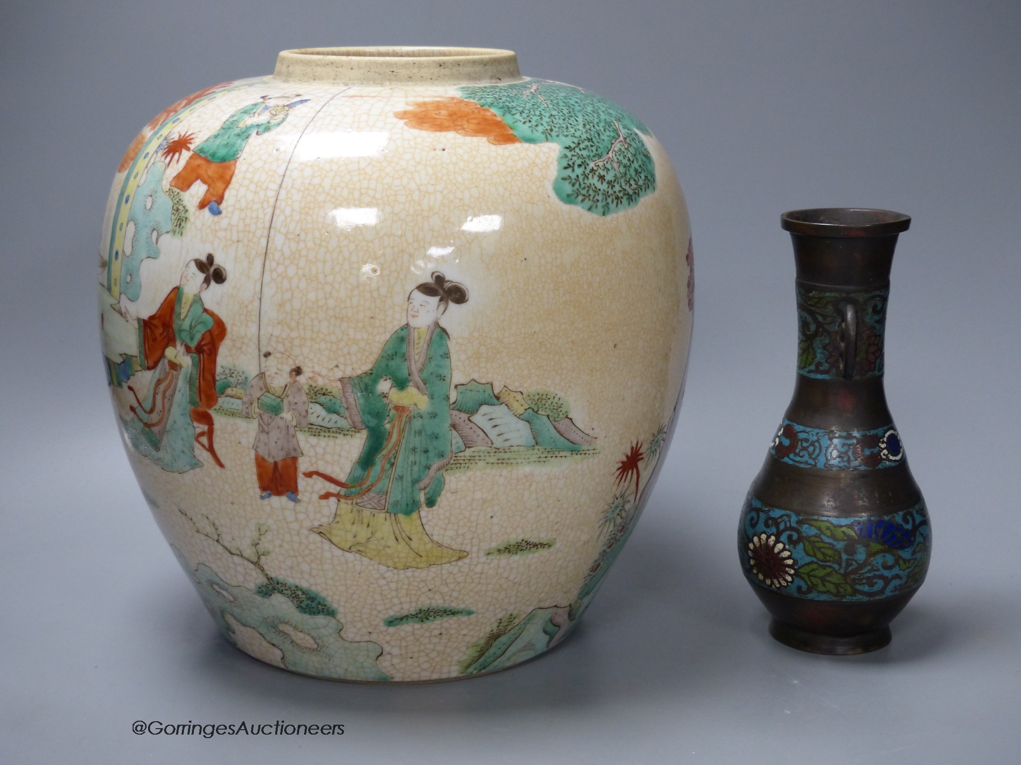 A large Chinese crackle glaze jar, height 24cm and a Japanese champleve enamel bronze vase